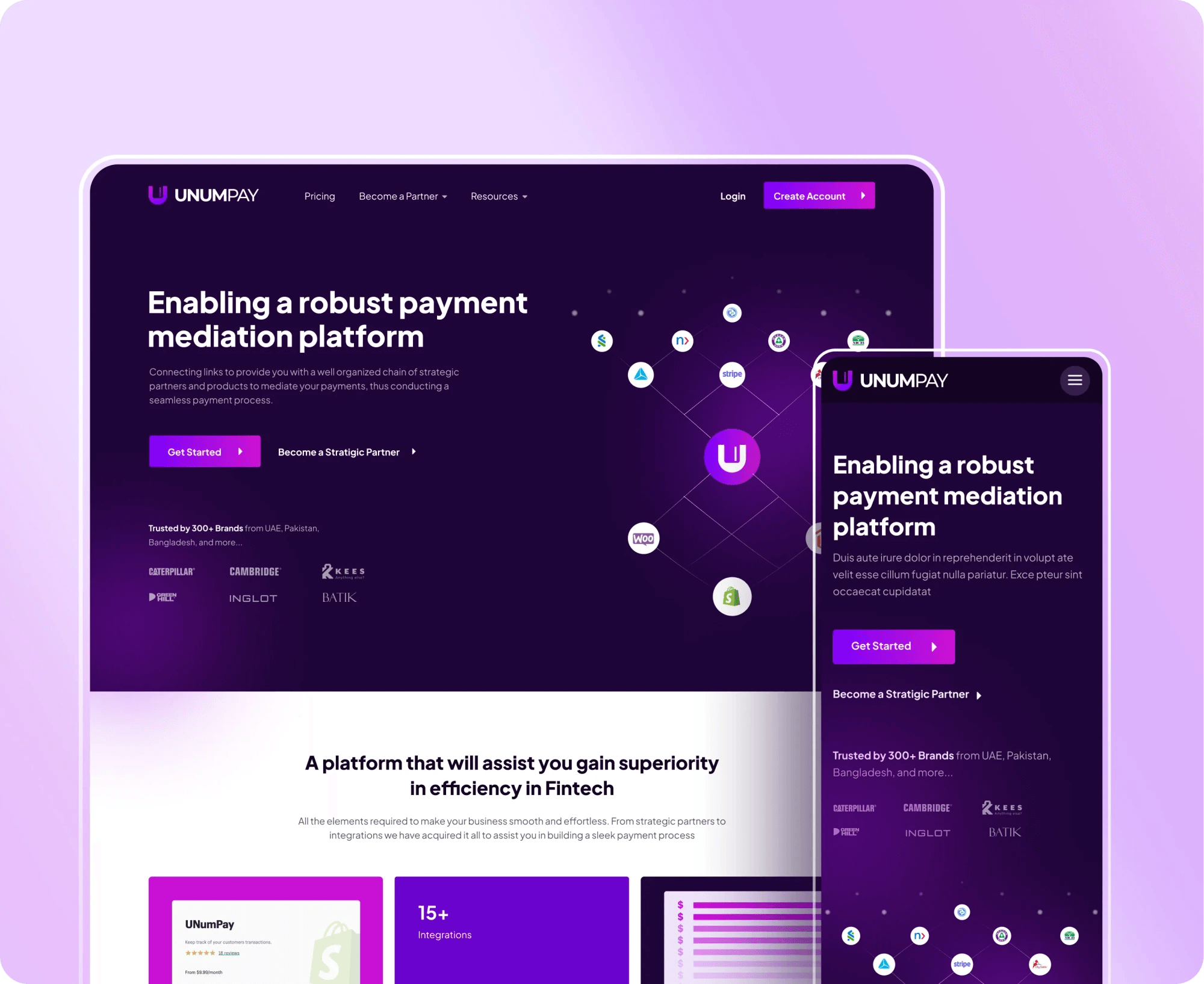 Unumpay website hero, "Enabling a robust payment mediation platform", on desktop and mobile.