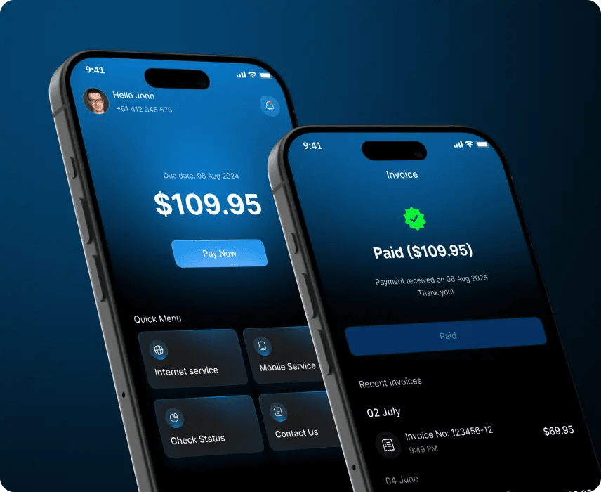 Unwyred mobile app screens: an internet invoice due and a paid confirmation.