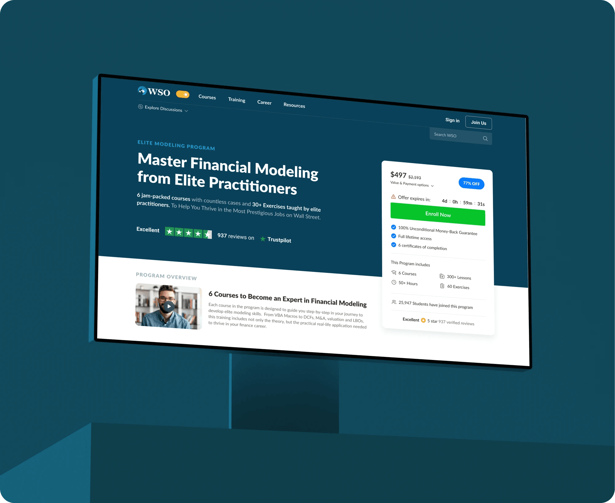 Wall Street Oasis course page for financial modeling, shown on a desktop monitor.