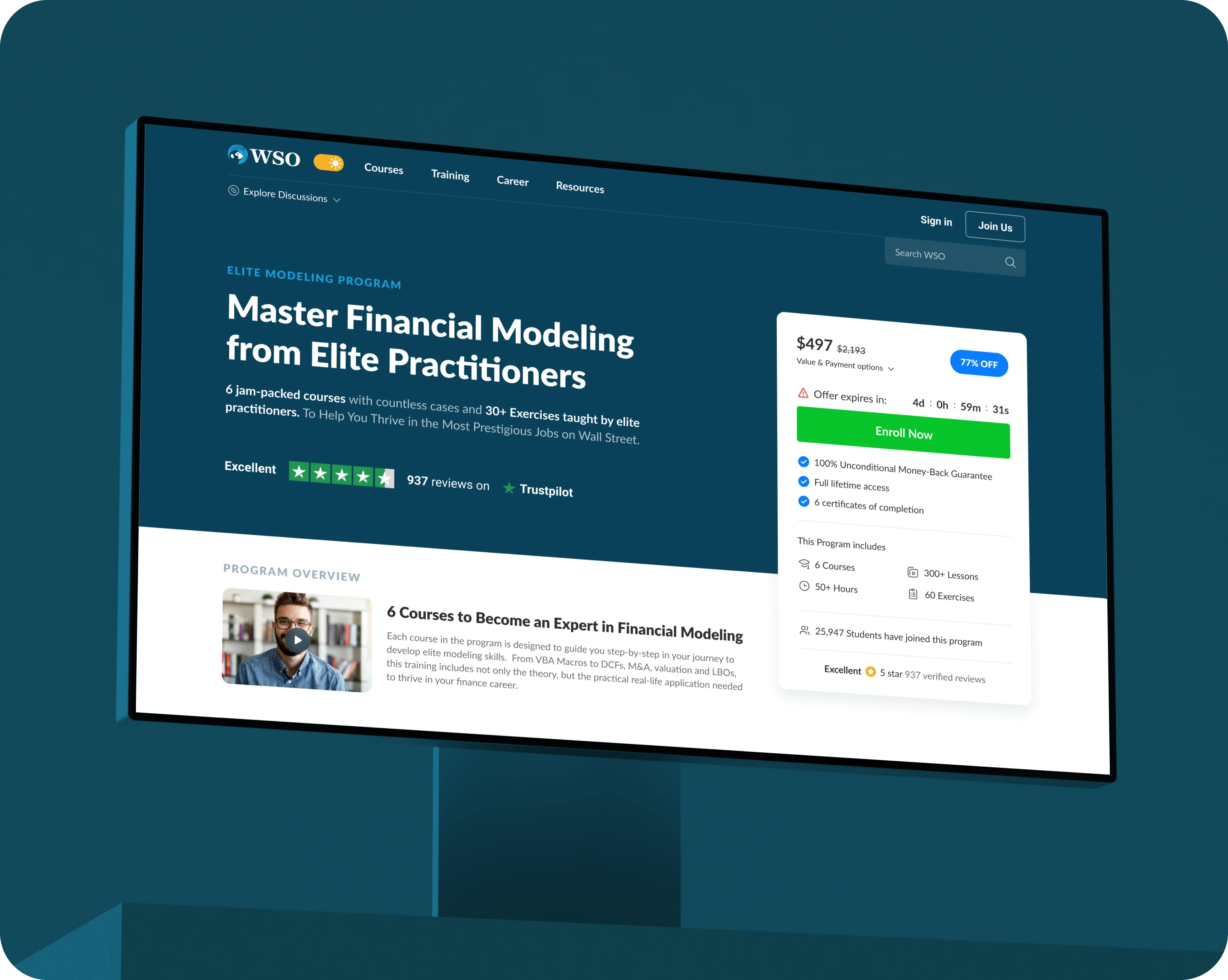 Wall Street Oasis course page showing a Master Financial Modeling course with 6 courses, 30+ exercises and 937 Trustpilot reviews.