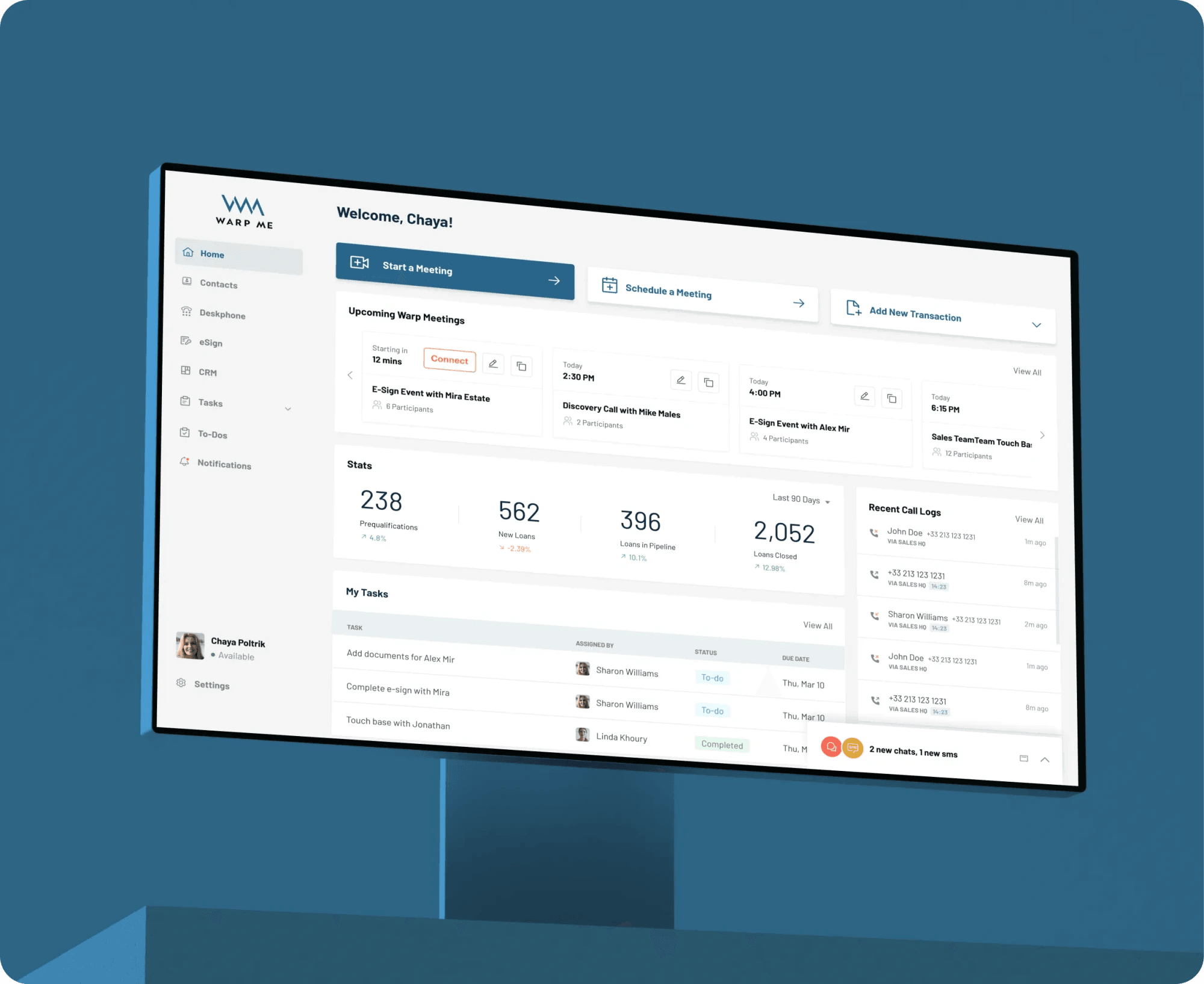 WarpMe web app welcome dashboard with message counts and tasks, on a desktop monitor.