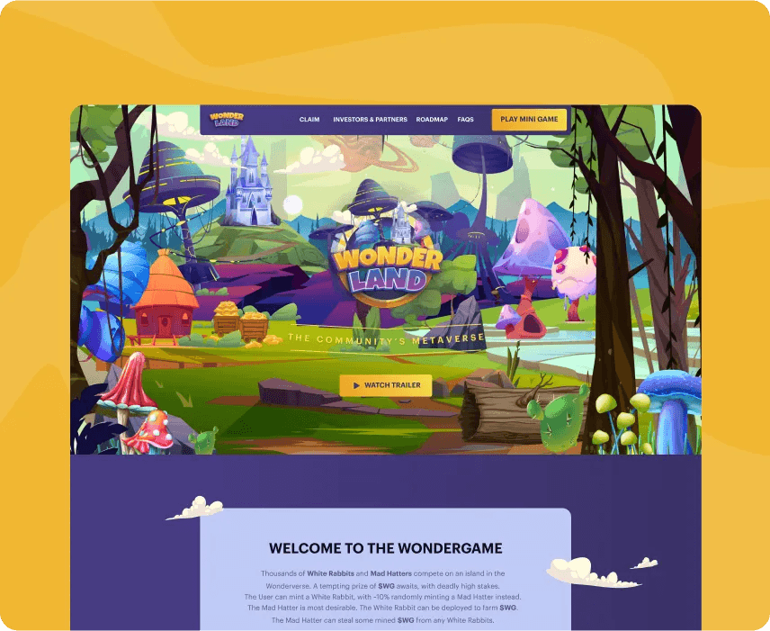 Wonderland metaverse website with an illustrated fantasy world and a watch trailer button.