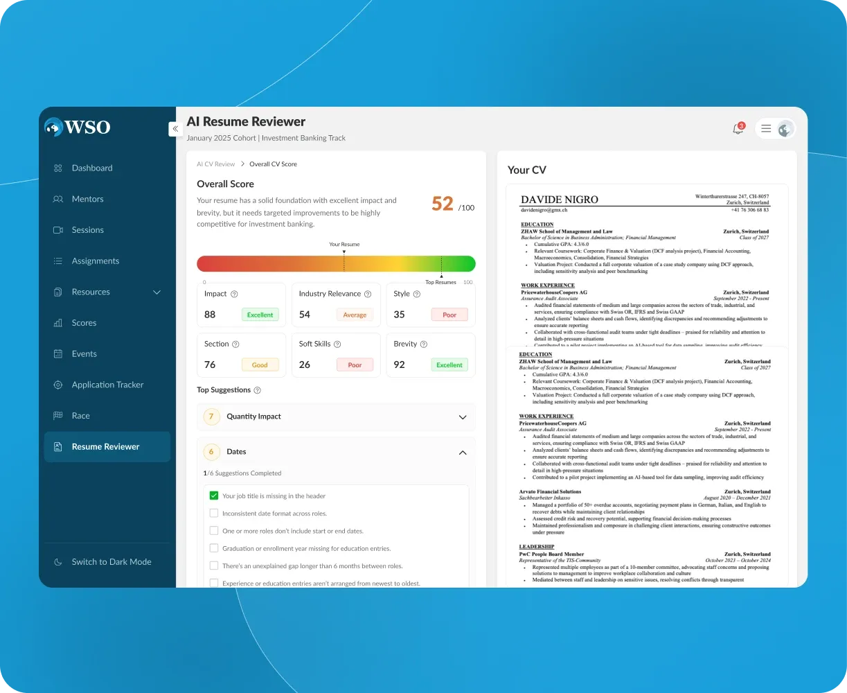 Wall Street Oasis AI Resume Reviewer scoring a CV 52/100 with impact, industry relevance and style breakdowns.